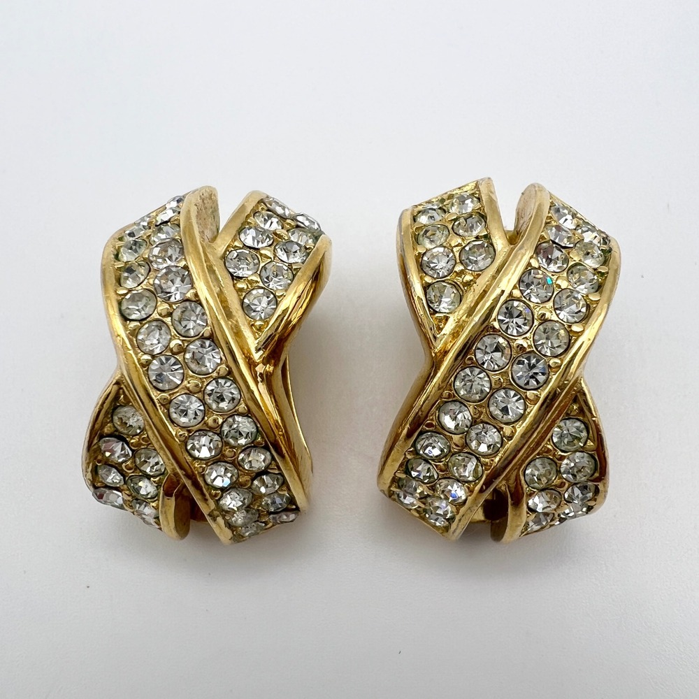 Vintage Christian Dior Gold Tone Pave Crystal X Crossover Clip On Earrings